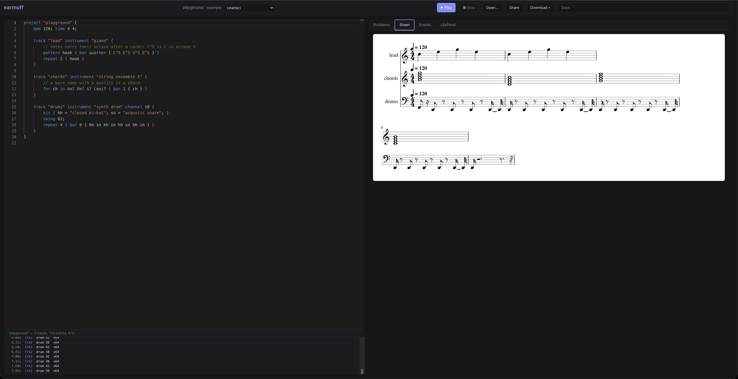The earmuff playground: source on the left, engraved sheet music on the right, live events streaming below.