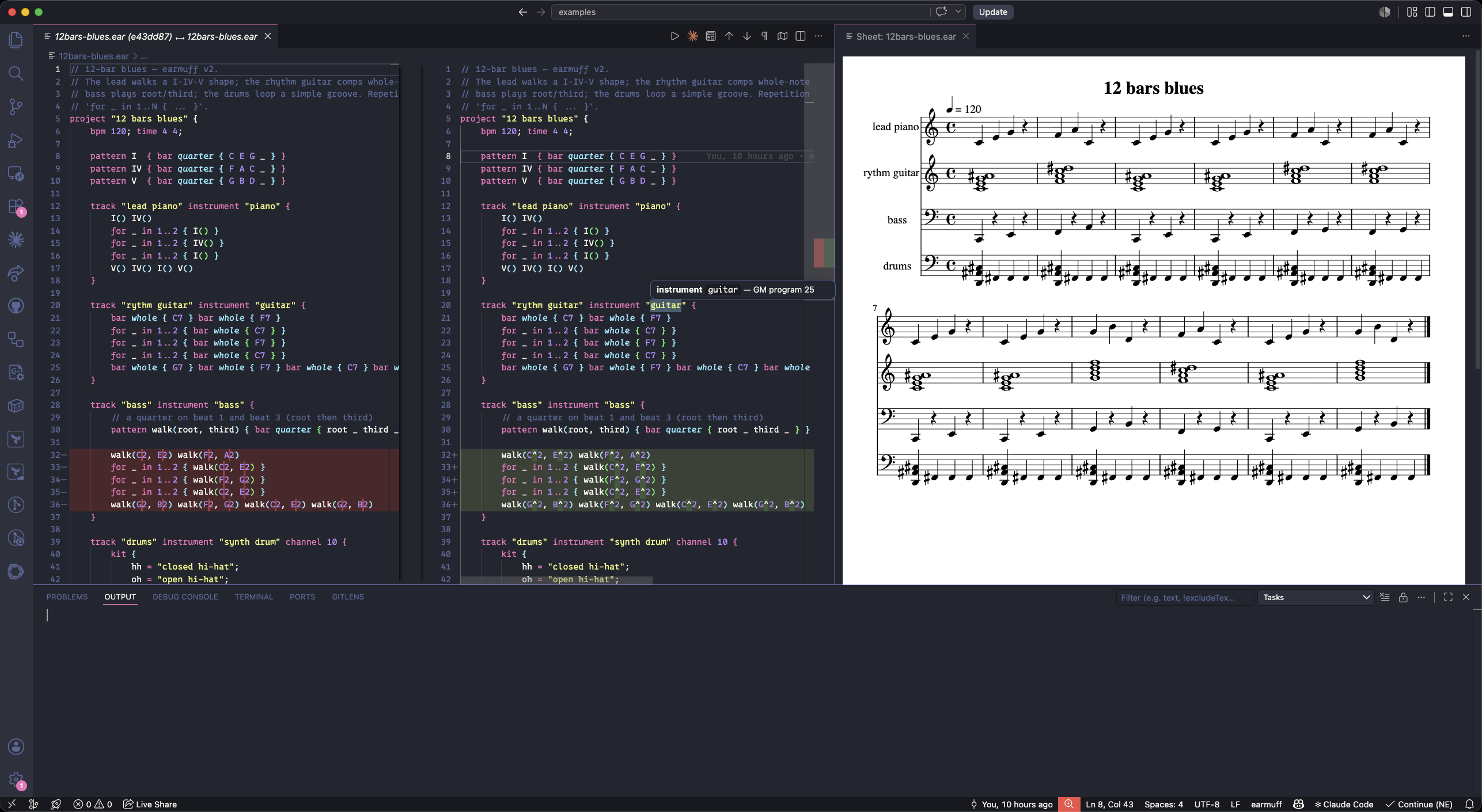 The earmuff VS Code extension: highlighted .ear source with a live engraved sheet-music preview beside it.